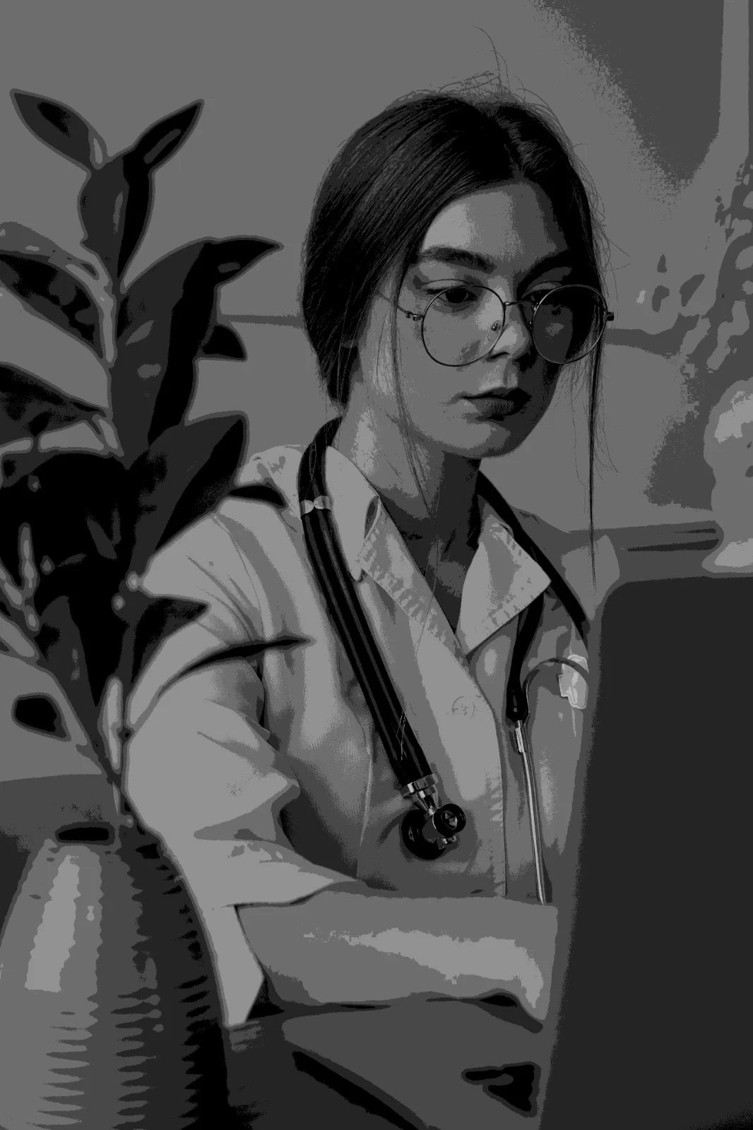 Clinician in glasses working in a healthcare environment
